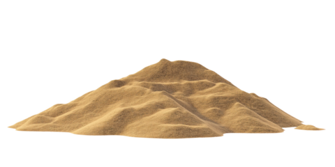 3D rendering of sand dune with brown sand pile. Central focus on desert dune with volume, depth. Tilted to right, dynamic element in scene. Gray background, neutral color, focus on sand dune. Text,