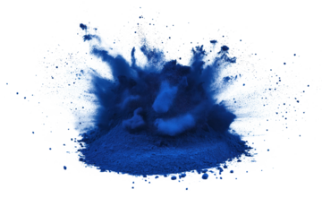 Vibrant blue explosion with scattered powder particles on isolated transparent background. Central focus of blue powder splattering in all directions. Dynamic energy, contrast between blue and white.
