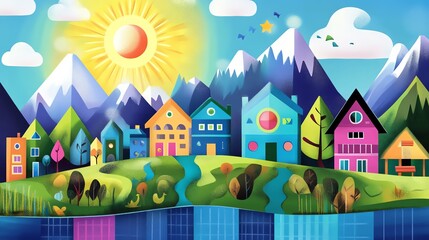 Colorful illustration of a vibrant village with mountains, bright sun, and whimsical houses in a fantasy landscape, ideal for creative projects.