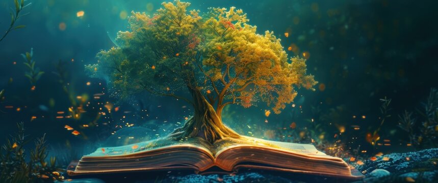 Knowledge rooting and branching out, blending literary culture with ecological elements, conveying life emerging from the written word with wisdom and growth.