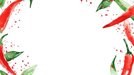 Watercolor Red Chili Pepper Border with Green Leaves and Splashes
