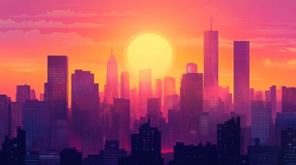 Fototapeta premium City skyline silhouetted against an orange and pink sunrise