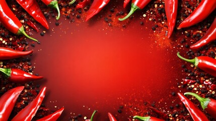 Red Chili Peppers and Spices Border on Red Background