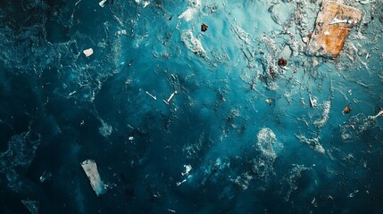 Fototapeta premium Close-up of a blue ocean surface with plastic pollution floating on it.