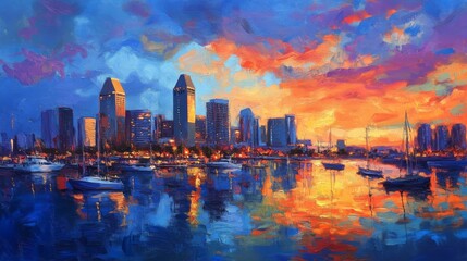 Fototapeta premium San Diego skyline with boats and harbor reflections at sunset