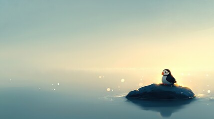  A penguin perched on a rock amidst a tranquil body of water, bathed in sunlight