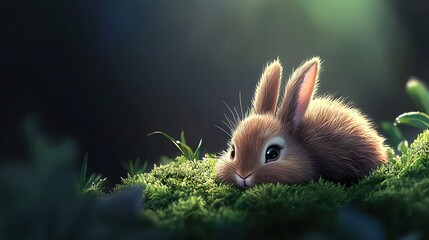 Fototapeta premium A rabbit rests its head on the ground with wide-open eyes in the grass