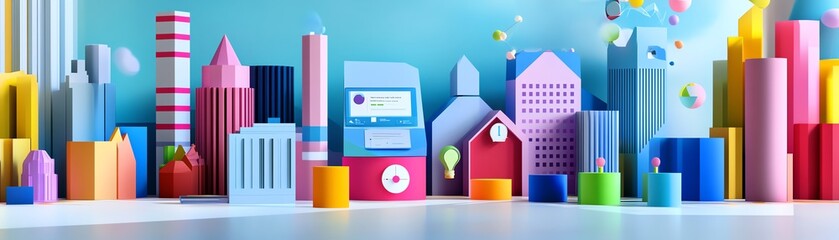 Colorful miniature city skyline with vibrant geometric shapes and buildings against a bright blue background, showcasing creativity and design.