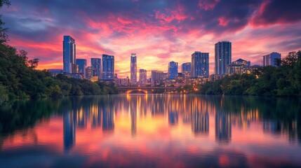 Fototapeta premium City skyline reflected in a river with colorful sunset lighting