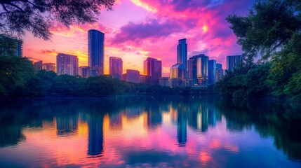 Obraz premium City skyline reflected in a river with colorful sunset lighting