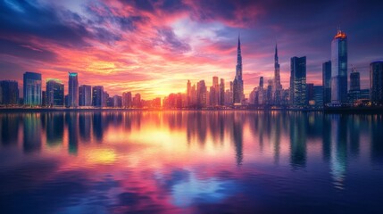Fototapeta premium City skyline reflected in a river with colorful sunset lighting
