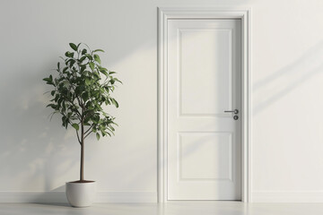 White door with white walls and potted plants next to it