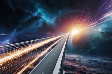 Cosmic Bridge of Ethereal Speed Amidst Nebula Background with Colorful Sparks Flowing Toward Event Horizon