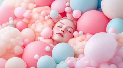 Dreamy pastel scene with a serene woman surrounded by soft, colorful spheres, AI