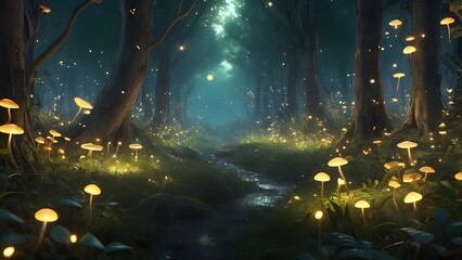 A mystical anime forest scene at twilight, filled with glowing fireflies.