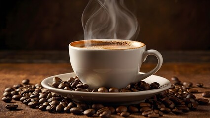 A steaming cup of coffee on a brown background. The coffee beans are scattered around the cup.