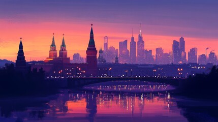 Obraz premium Warm glow of Moscow skyline with Kremlin towers and city lights