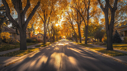 Obraz premium A tree-lined street with yellow leafing trees and the sun shining through the leaves