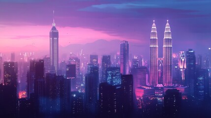 Skyline of Kuala Lumpur with Petronas Towers and illuminated buildings