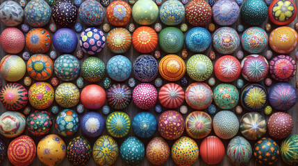 Fototapeta premium Artistic spheres with intricate patterns are arranged in neat rows. Concept of vibrant creativity and design.