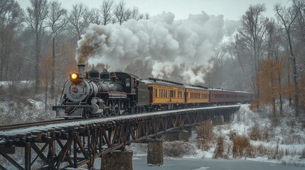 Fototapeta premium A vintage steam locomotive train with smoke billowing out of the chimney, travelling over a wooden bridge in wintery conditions.
