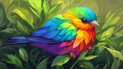 Obraz premium A vibrant bird perched atop a verdant, leaf-topped tree in a dense, emerald-leafed forest