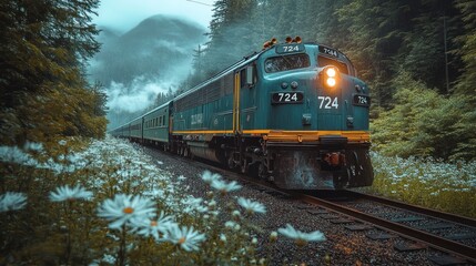 Obraz premium A blue and yellow train moves through a lush green forest, surrounded by white wildflowers.