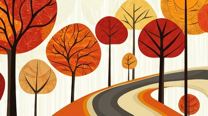   A painting of a winding road, surrounded by trees with vibrant orange and yellow leaves against a white backdrop