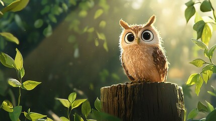   Little owl perched atop wood post amidst green foliage during bright sunlight, sunbeams filtering through leafy canopy