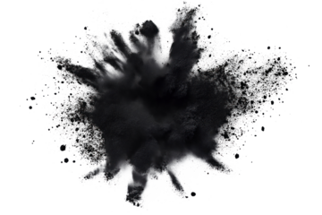 Black, white scene with chaotic cloud of black particles. Scattered particles create sense of movement, energy, randomness. Stark isolated background contrasts with black particles, making stand out.