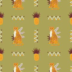 Stoffe zum Nähen Retro jungle wildlife seamless pattern. Hand drawn style summer background illustration. Vintage exotic nature textile print, cheetah animal texture with pineapple doodle.
