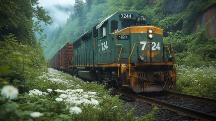 Fototapeta premium A green freight train with the number 7244 on the side is traveling through a dense forest. The train is surrounded by lush green foliage and white flowers.
