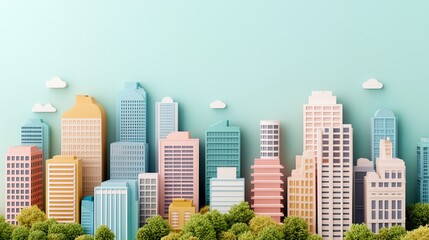 Colorful paper cut cityscape with vibrant skyscrapers against a light blue background. Ideal for urban-themed designs and concepts.