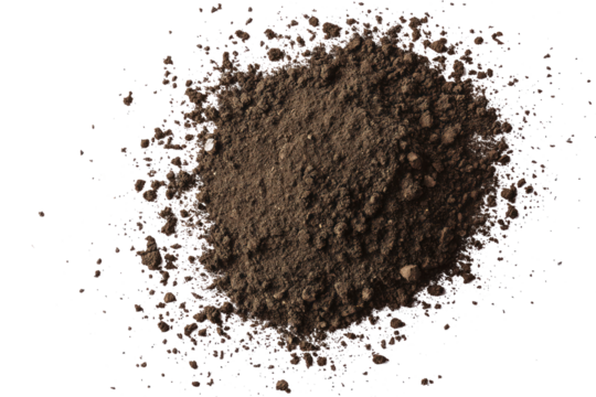 Small pile of dirt scattered on transparent background. Brown, beige dirt mix, uneven texture. Dirt densely packed areas, stark contrast with cut out backdrop. No text, objects, or movement in image.