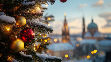 Obraz premium Close-up image of Christmas tree with gold and red ornaments in the background of the panorama of an old town