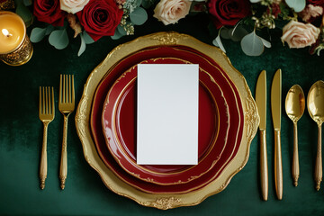 Blank mock up card, place card, menu, guest card on a plate on a festively decorated table with beautiful tableware and gold cutlery