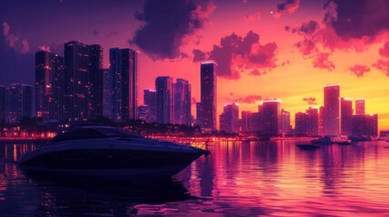 Fototapeta premium Beautiful Miami skyline with boats and glowing city lights at sunset