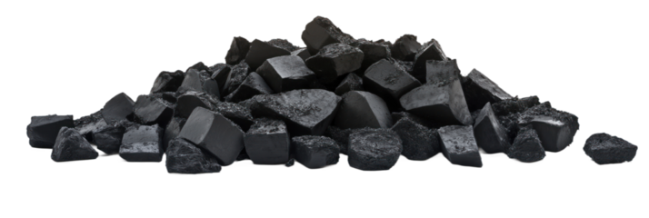 Charcoal chunks pile isolated on isolated background. Black rocks vary in size, shape scattered across gray background. Rocks arranged in haphazard manner, overlapping, standing alone. Gray background