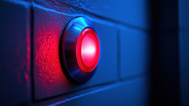 Glowing red button on textured wall in blue ambient lighting