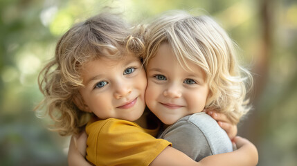 Joyful sibling embrace in sunlit garden with smiling faces and blurred green background
