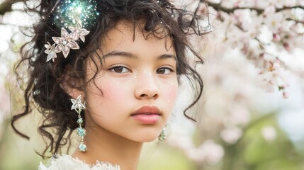 Fototapeta premium Starry-Eyed Mixed Race Girl Amid Cherry Blossoms