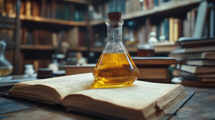 Ancient laboratory with potion flask on open book in mysterious library