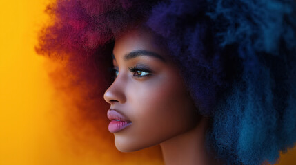 Fototapeta premium Vibrant afro hair portrait on yellow background