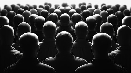 Silhouetted crowd of people from behind with uniform appearance in black and white