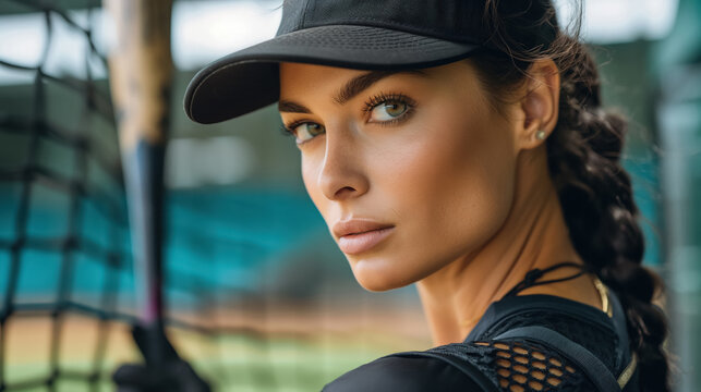 Focused female softball player holding bat on field in sporty attire - Powered by Adobe