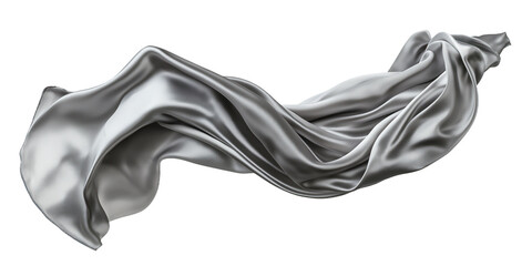 Grey fabric flows in air with slight curve. Loose flowing style, metallic sheen. Fabric floats, creates sense of movement and fluidity. Flat, two-dimensional representation. Transparent isolated.