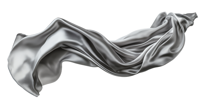 Grey fabric flows in air with slight curve. Loose flowing style, metallic sheen. Fabric floats, creates sense of movement and fluidity. Flat, two-dimensional representation. Transparent isolated.