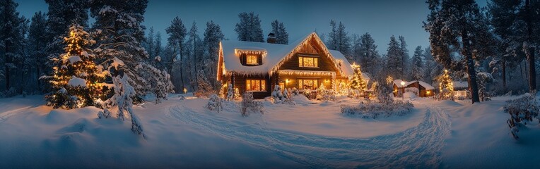 Festive house covered in snow and decorated for Christmas