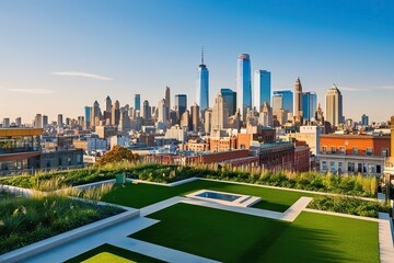 Naklejka premium Lively City Skyline with Vibrant Urban Parks and Green Rooftop Terraces Under Clear Blue Sky