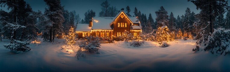 Festive house covered in snow and decorated for Christmas